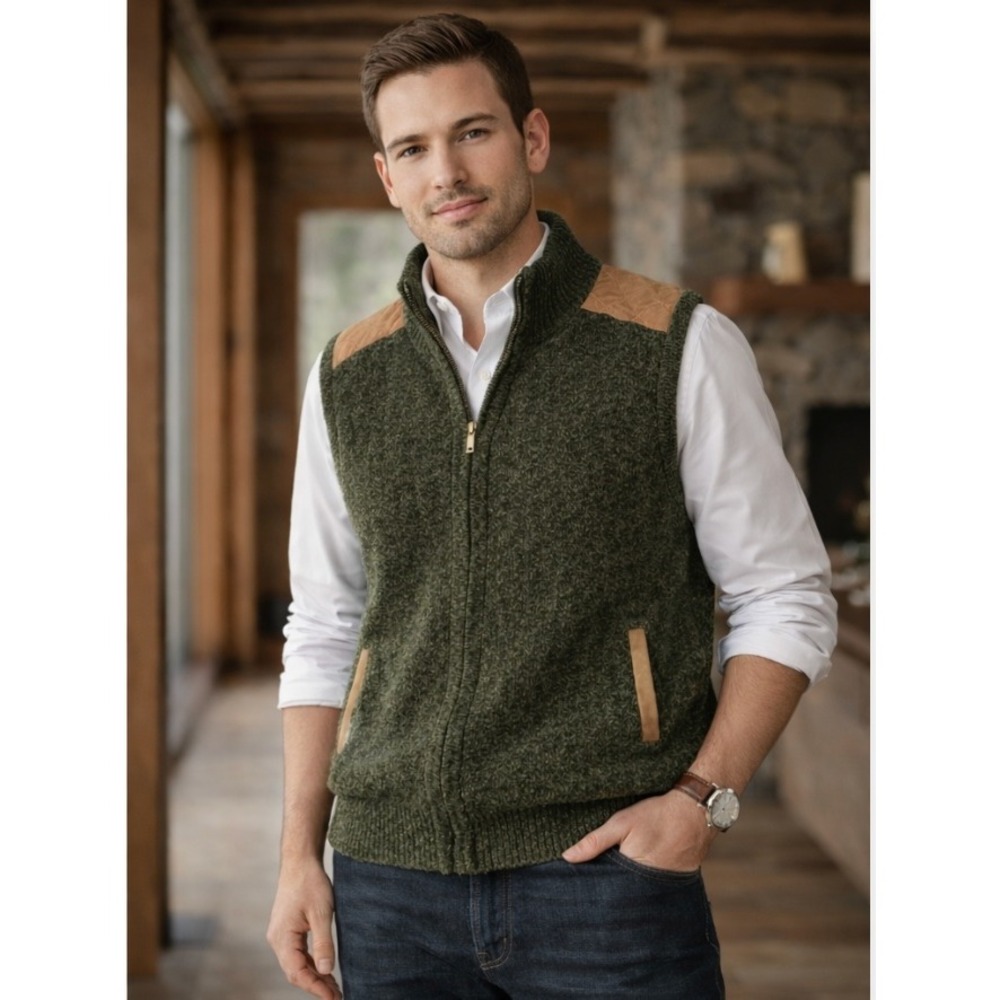 Alan Flusser Green Sweater Vest L Zip Mock Neck Suede Trim Preppy Heritage